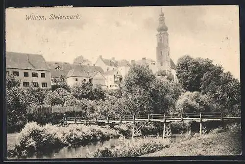 AK Wildon /Steiermark, Ortspanorama mit Brücke und Turm