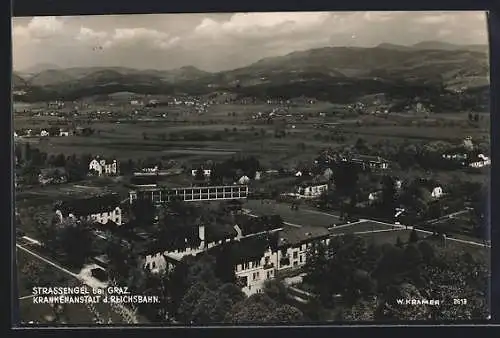 AK Strassengel bei Graz, Krankenanstalt der Reichsbahn mit Umgebung aus der Vogelschau