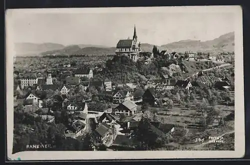 AK Rankweil, Ortsansicht mit Bergpanorama aus der Vogelschau