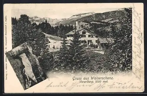 AK Walserschanz /Vorarlberg, Gasthaus mit Umgebung, Schlucht mit Brücke