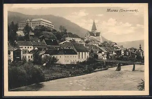 AK Murau /Steiermark, Flusspartie mit Brücke und Ortsansicht