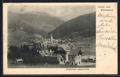 AK Kallwang, Gräfliches Jagdschloss mit Ortsansicht und Bergpanorama