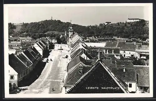 AK Leibnitz, Hauptplatz mit Bergpanorama aus der Vogelschau