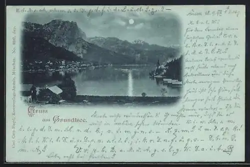 Mondschein-AK Grundlsee, Seepartie mit Ortsansicht und Bergpanorama