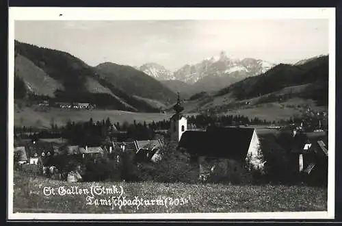 AK St. Gallen, Ortsansicht mit Kirche und Bergpanorama