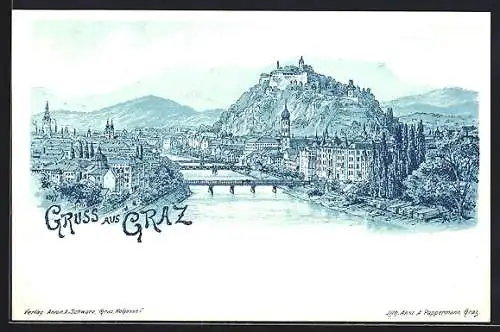 Lithographie Graz, Ortspanorama mit Brücken und Schlosssberg