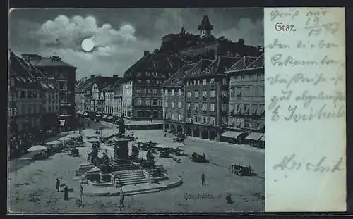 Mondschein-AK Graz, Hauptplatz mit Marktständen und Denkmal aus der Vogelschau