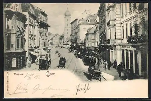 AK Graz, Murplatz mit Geschäft J. B. Moschl und Pferdekutschen