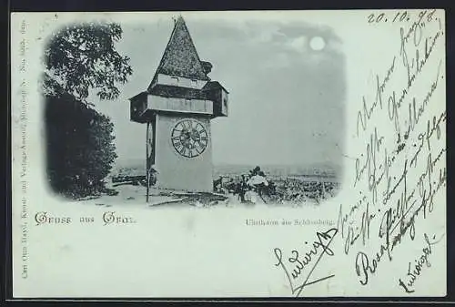 Mondschein-AK Graz, Uhrturm am Schlossberg, mit Stadtblick