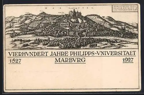 Künstler-AK Marburg, Ortsansicht, Vierhundert Jahre Philipps-Universität 1527-1927g.