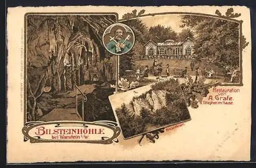 Lithographie Warstein i. W., Bilsteinhöhle und Restauration von A. Grafe