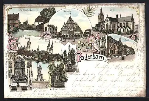 Lithographie Paderborn, Jesuitenkirche, Dom und Marien-Säule