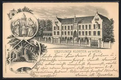 Lithographie Werl, Ursulinenkloster und Heiligenabbild