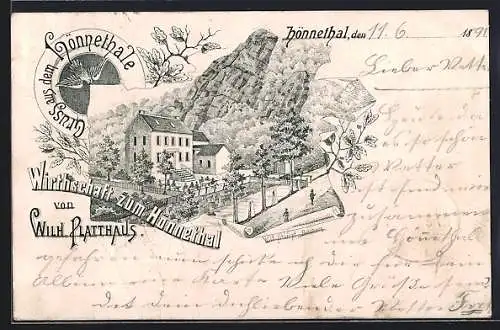 Lithographie Menden / Sauerland, Wirtschaft zum Hönnetal von Wilh. Platthaus