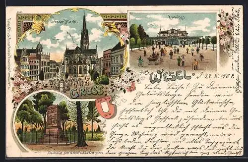 Lithographie Wesel / Rhein, Grosser Markt, Bahnhof und Denkmal d. 11 Schill`schen Offiziere