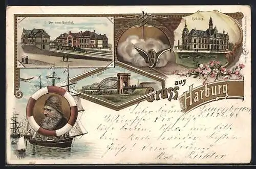 Lithographie Hamburg-Harburg, neuer Bahnhof, Elb-Brücke, Rathaus, Porträt eines Seemanns