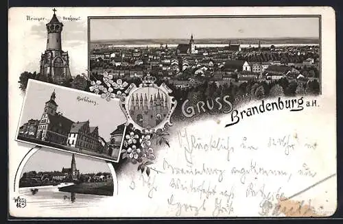 Lithographie Brandenburg / Havel, Rathaus, Krieger-Denkmal, Blick zum Dom