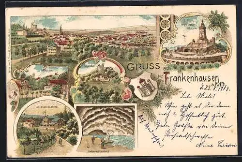 Lithographie Frankenhausen a. Kyffh., Totalansicht, Waldschlösschen, Kyffhäuserdenkmal, Rothenburg, Barbarossa-Höhle