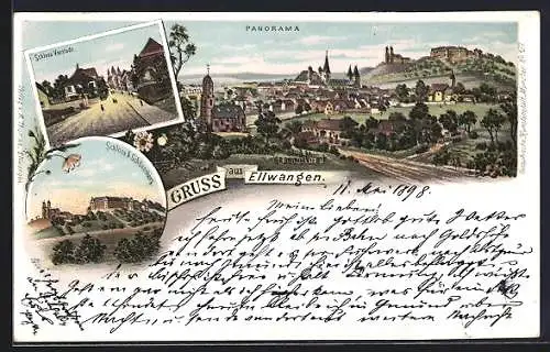 Lithographie Ellwangen, Schloss Vorstadt, Schöneberg und Panorama