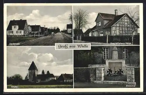 AK Walle / Schwülper, Dorfstrasse, Geschäftshaus Bätge und Ehrenmal