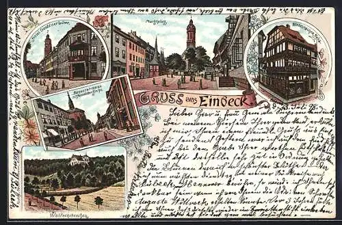 Lithographie Einbeck, Hotel Goldener Löwe, Waldschlösschen und Marktplatz