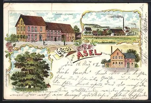 Lithographie Asel, Gasthaus H. Flohr, Dampfziegelei und Molckerei F. Kracks