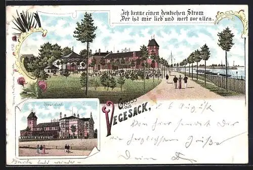 Lithographie Vegesack, Strandlust mit Garten, Pavillon und Uferpromenade