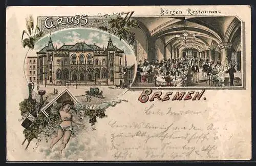 Lithographie Bremen, Börsen Restaurant, Innen- u. Aussenansicht