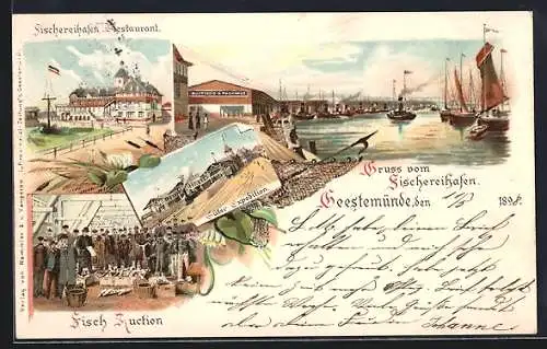 Lithographie Geestemünde, Fischereihafen, Güterexpedition und Fischauktion