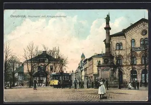 AK Osnabrück, Neumarkt mit Kriegerdenkmal, Strassenbahn