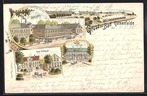 Lithographie Bad Rothenfelde, Bade Hotel, Hotel Nollmann und Kurhaus