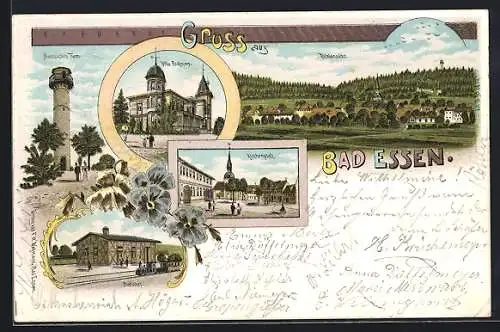 Lithographie Bad Essen, Bahnhof, Aussichtsturm, Villa Rickmers