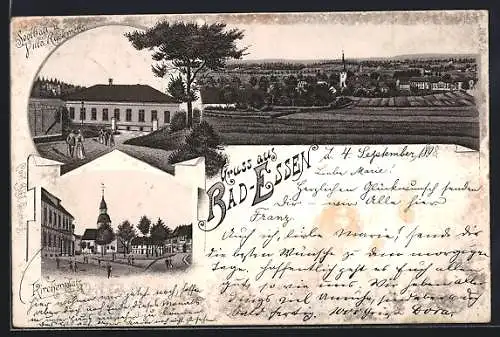 Lithographie Bad-Essen, Kirchenplatz, Soolbad und Villa Rückmers, Totalansicht aus der Vogelschau