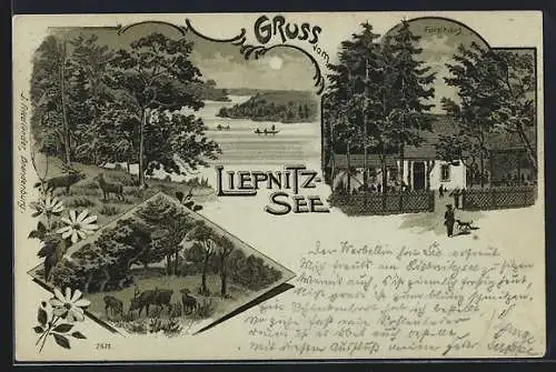 Mondschein-Lithographie Wandlitz, Liepnitzsee, Rotwild im Wald und Gasthaus mit Jägern