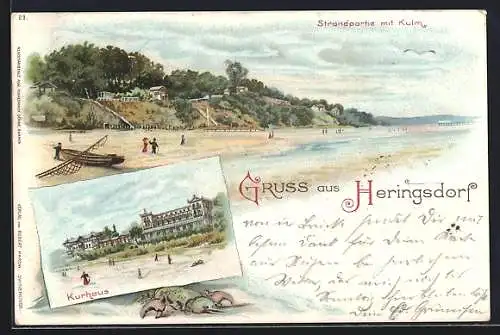 Lithographie Heringsdorf / Seebad, Strandpartie, Kurhaus