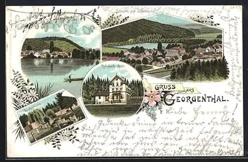 Lithographie Bad Georgenthal, Panorama vom Schiessstand, Klosterruine, Rodebach-Mühle