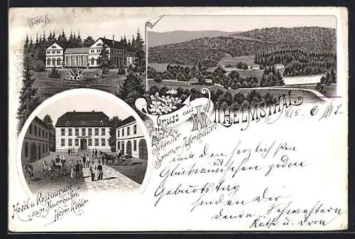 Lithographie Wilhelmsthal / Eisenach, Hotel Restaurant zum Auerhahn v. H. Köhler, Schloss, Ortsansicht, Pferdekutsche