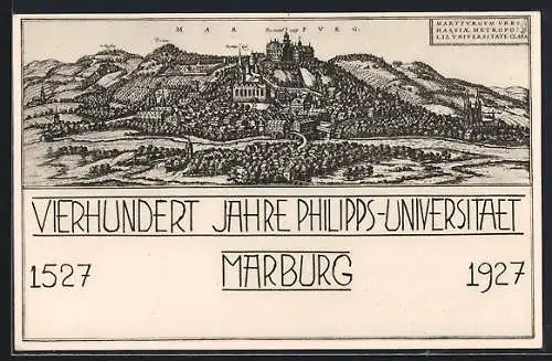 Künstler-AK Marburg, Vierhundert Jahre Philipps-Universität 1527-1927, Teilansicht