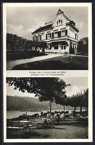 AK Bad Honnef a. Rh., Blick auf Rhein-Hotel Spetsmann, Cafégarten im Sommer