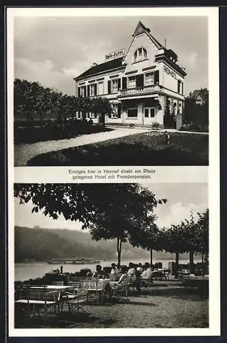 AK Bad Honnef a. Rh., Blick auf Rhein-Hotel Spetsmann, Cafégarten im Sommer