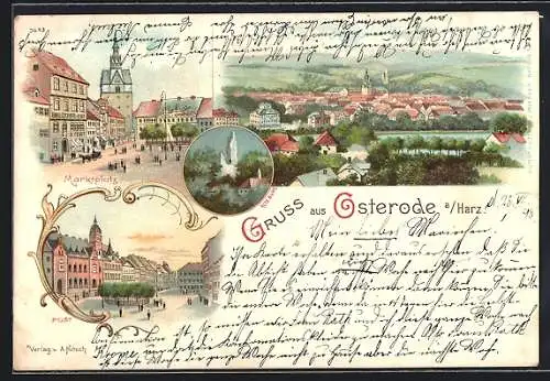 Lithographie Osterode / Harz, Post, alte Burg, Marktplatz, Pferdekutsche