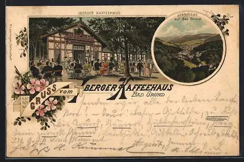 Lithographie Bad Grund, Gasthaus Iberger mit Terrasse, Fernsicht auf Bad Grund