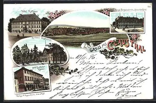 Lithographie Clausthal, Hotel Deutscher Kaiser, Hotel Rathaus, Kurhaus Voigtslust