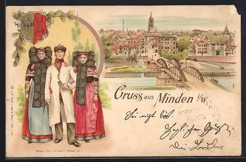 Lithographie Minden / Weser, Ortsansicht, Herr und Damen in Tracht