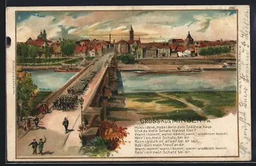 Lithographie Minden / Weser, Teilansicht mit Stadt und Parade auf der Brücke