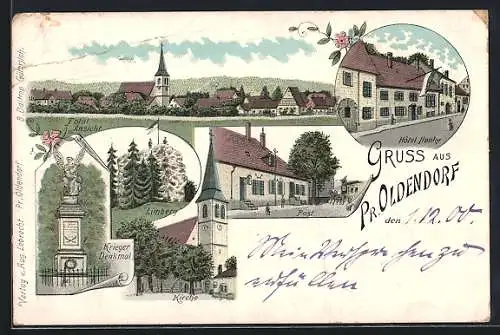 Lithographie Pr. Oldendorf, Hotel Hunke, Limberg und Kriegerdenkmal