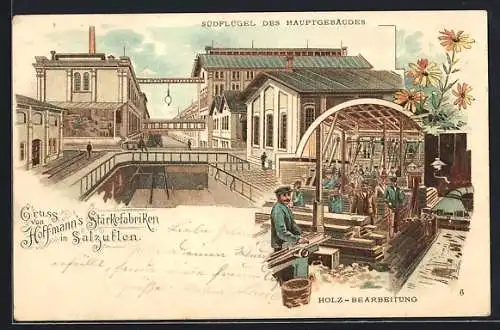 Lithographie Salzuflen, Hoffmann`s Stärkefabriken, Holz-Bearbeitung