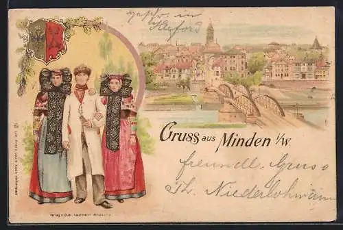 Lithographie Minden / Weser, Ortsansicht, Personengruppe in Tracht