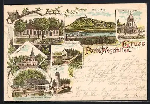 Lithographie Porta Westfalica, Gasthaus zur Kapelle, Hotel Kaiserhof