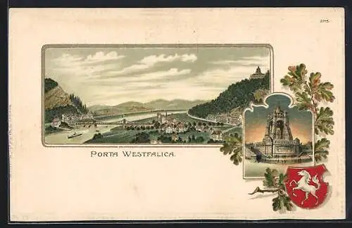 Passepartout-Lithographie Porta Westfalica, Gesamtansicht mit Kaiser-Wilhelm-Denkmal, Wappen